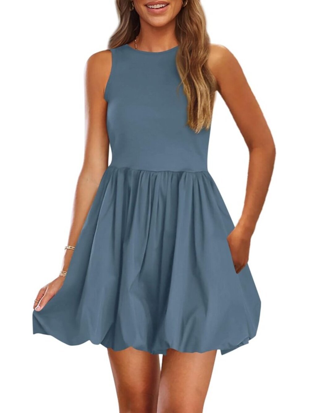 Women's Grey Blue Casual Sleeveless Tank Mini Short Dress Crew Neck Bubble